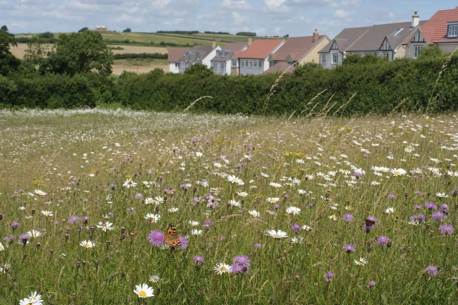 A wildflower meadow with oxeye daisies and butterflies beside new houses