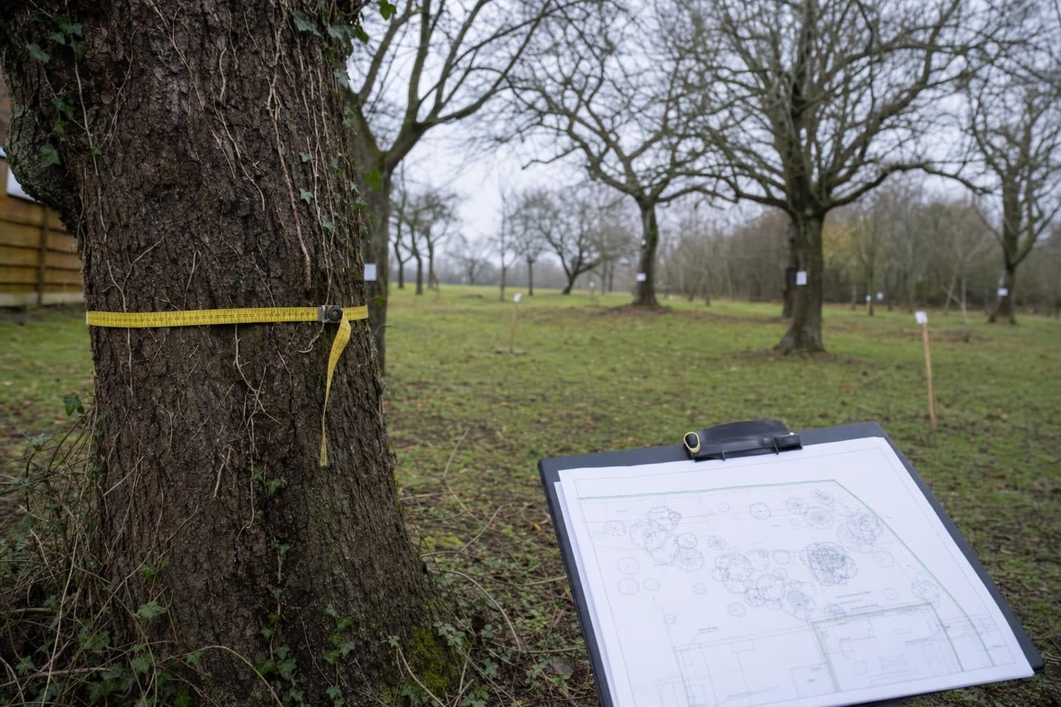 A tape around a tree trunk and a site plan on a clipboard during a survey