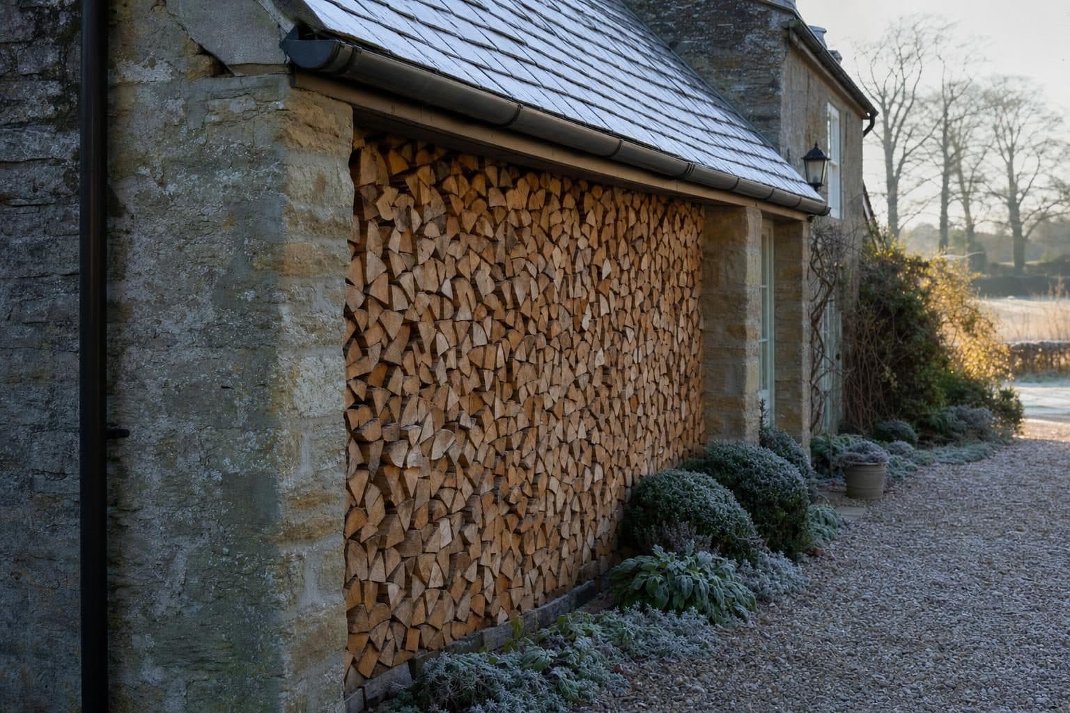 A log store stacked full of split hardwood outside a stone cottage