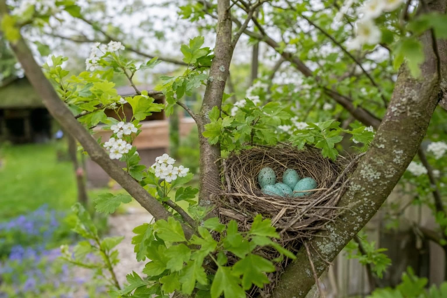 A blackbird nest with eggs in a hawthorn in spring leaf