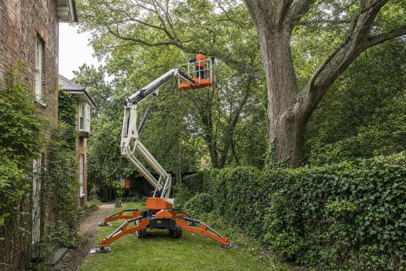 A tracked spider lift with its basket raised beside a tree in a narrow garden