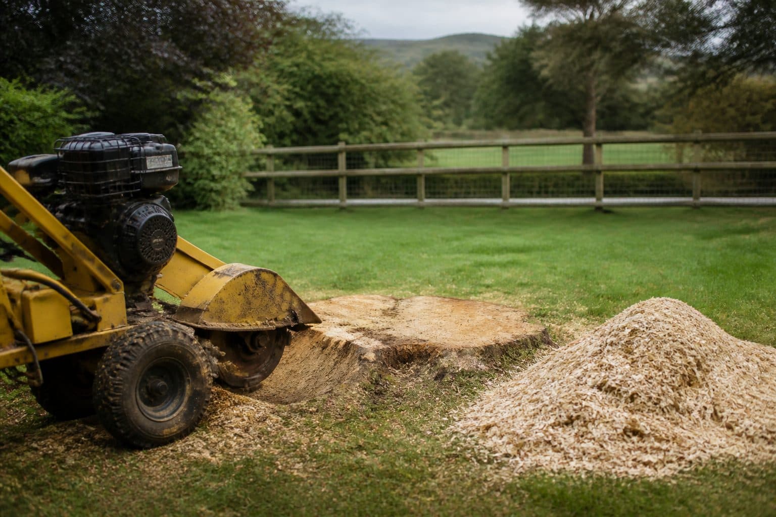 A freshly ground tree stump with wood chippings beside the grinder