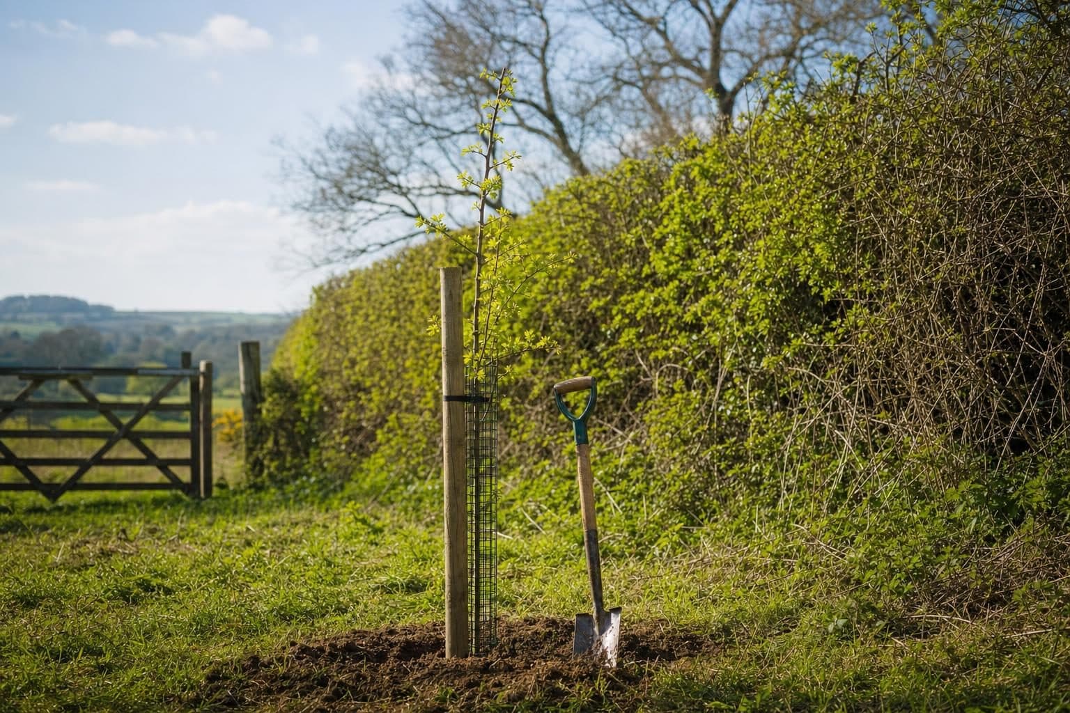 A newly planted young native tree with stake and guard in a field corner