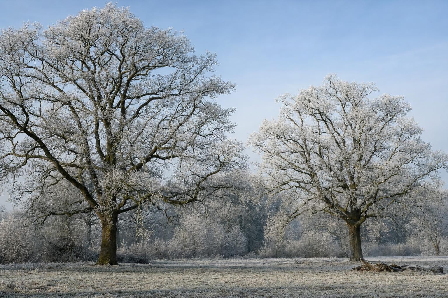 Bare mature oaks with hoar frost against a pale winter sky