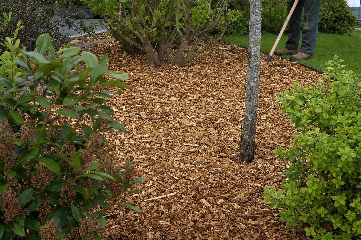 Fresh wood chip mulch spread around shrubs in a garden border