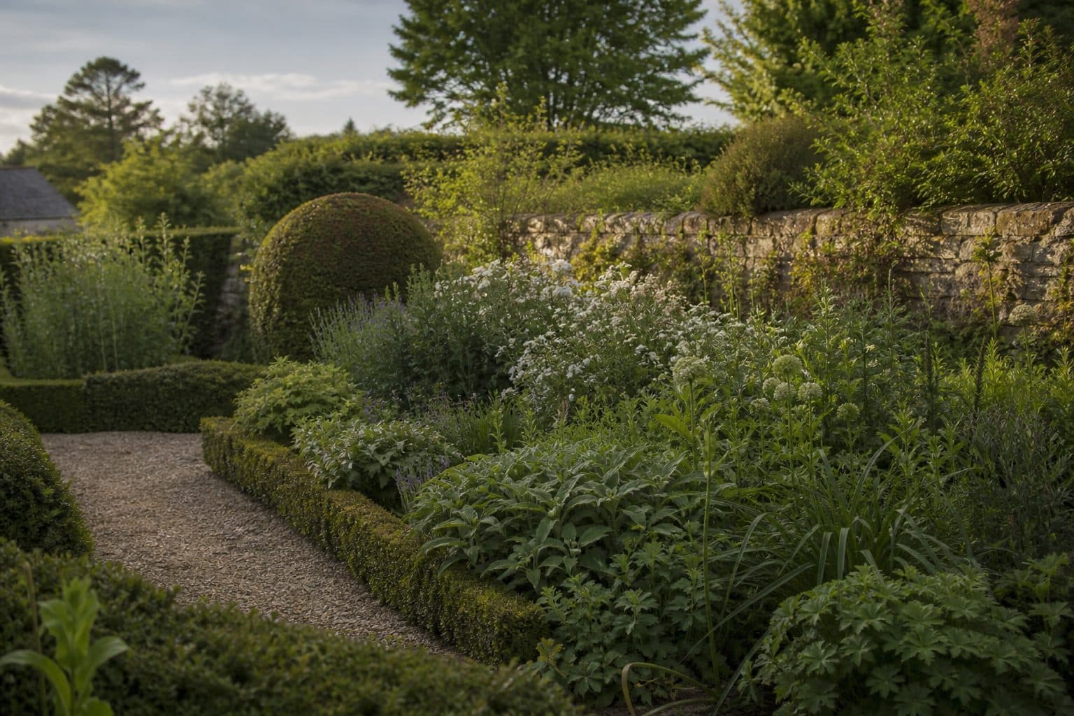 A professionally maintained Dorset garden with clipped hedging and planted borders
